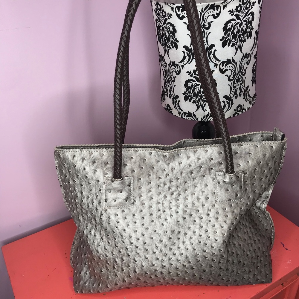 Brand-less Faux Ostrich Tote with Braided Handle